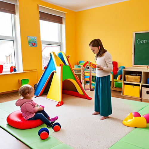 Home 24 **
A brightly colored, safe and stimulating play area inside a Polish żłobek (daycare). Young children (ages 1-3) are engaged in various activities: one group is playing with sensory toys like kinetic sand, another is painting at easels, and a caregiver is reading a Polish children's book aloud to a small group. The scene is clean and well-lit, with age-appropriate furniture and toys. Focus on creating a joyful and educational atmosphere.
**