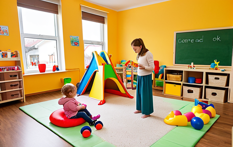 **
A brightly colored, safe and stimulating play area inside a Polish żłobek (daycare). Young children (ages 1-3) are engaged in various activities: one group is playing with sensory toys like kinetic sand, another is painting at easels, and a caregiver is reading a Polish children's book aloud to a small group. The scene is clean and well-lit, with age-appropriate furniture and toys. Focus on creating a joyful and educational atmosphere.
**