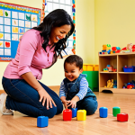 **

A brightly lit, colorful nursery classroom. A childcare provider is kneeling, engaging with a group of toddlers in a playful activity involving building blocks. The children are diverse and happy. In the background, there's a bulletin board displaying cheerful artwork and safety information. Focus on capturing the provider's warmth, patience, and the joyful interaction with the children.

**