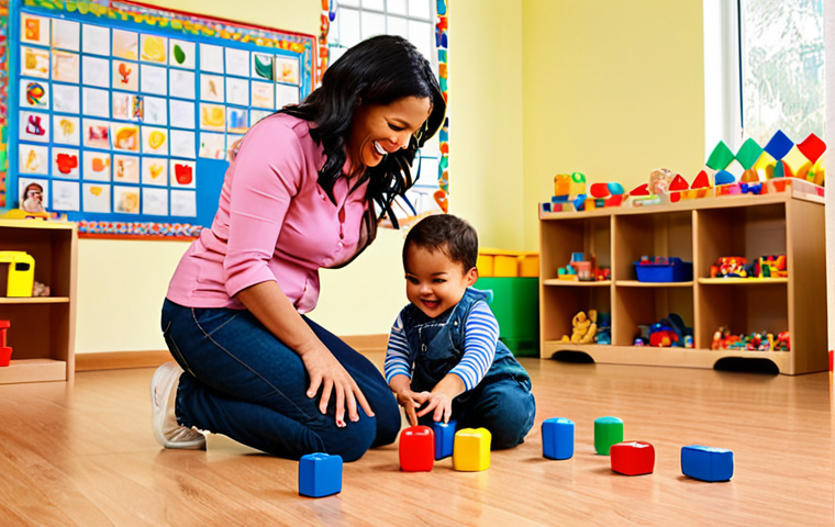 **

A brightly lit, colorful nursery classroom. A childcare provider is kneeling, engaging with a group of toddlers in a playful activity involving building blocks. The children are diverse and happy. In the background, there's a bulletin board displaying cheerful artwork and safety information. Focus on capturing the provider's warmth, patience, and the joyful interaction with the children.

**