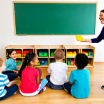 A diverse group of cheerful preschool children, fully clothed in modest, comfortable play attire, gathered around a female teacher in a brightly lit and colorful preschool classroom. They are actively engaged with various visual aids, including large, clear flashcards depicting animals, and a prominent visual daily schedule board on the wall. The children display joyful curiosity and focused attention. The scene is captured with professional photography, showcasing high detail, perfect anatomy, correct proportions, natural poses, well-formed hands, and proper finger count. The overall image depicts appropriate content, safe for work, and is family-friendly.