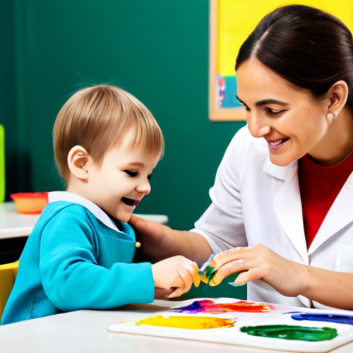 Home 22 **
"A caring educator in a bright and cheerful daycare setting, fully clothed in a professional and modest outfit, observes a young child engrossed in finger painting at a small table, vibrant colors, well-lit, safe for work, appropriate content, perfect anatomy, natural proportions, professional. The child is smiling, wearing a child's smock, and the scene radiates warmth and encouragement."
**