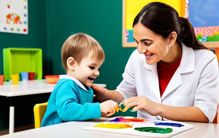 **
"A caring educator in a bright and cheerful daycare setting, fully clothed in a professional and modest outfit, observes a young child engrossed in finger painting at a small table, vibrant colors, well-lit, safe for work, appropriate content, perfect anatomy, natural proportions, professional. The child is smiling, wearing a child's smock, and the scene radiates warmth and encouragement."
**