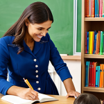 **

"A professional female teacher in a bright, welcoming classroom setting, fully clothed in modest attire suitable for teaching young children, helping a student with their work, bookshelves filled with colorful books in the background, safe for work, appropriate content, perfect anatomy, natural proportions, family-friendly, professional photography, high quality."

**