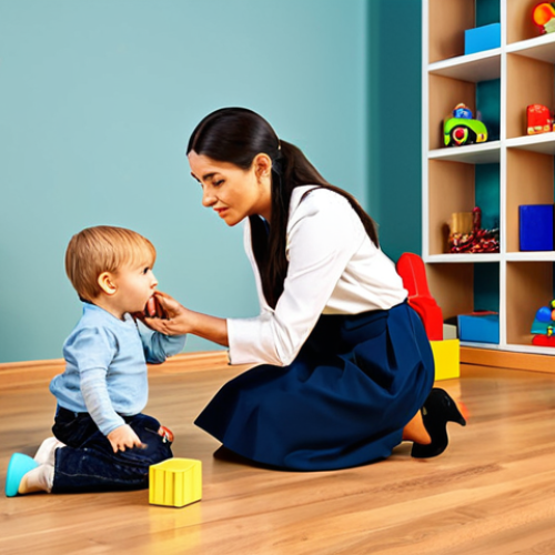 Home 20 Empathetic Caregiver Interaction**
"A kind caregiver, fully clothed in modest and professional attire, kneeling to listen attentively to a young child in a playroom filled with toys, safe for work, appropriate content, perfect anatomy, natural proportions, warm lighting, family-friendly, professional setting."
**