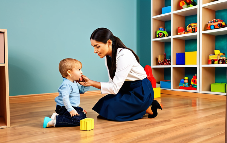 Empathetic Caregiver Interaction**
"A kind caregiver, fully clothed in modest and professional attire, kneeling to listen attentively to a young child in a playroom filled with toys, safe for work, appropriate content, perfect anatomy, natural proportions, warm lighting, family-friendly, professional setting."
**